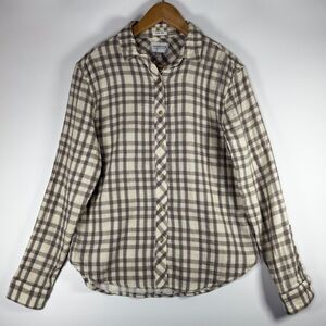 California Tailor Plaid Button‎ Down Shirt Womens Large Ivory Brown Made in USA
